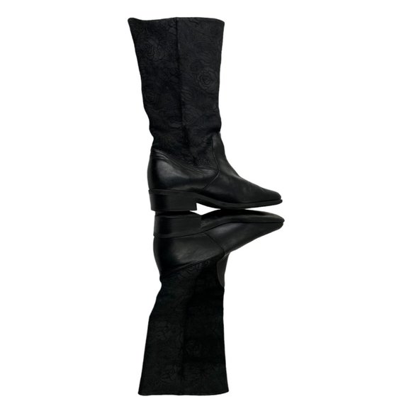 Markon Women's Suela Black Leather Boots W/Floral Embossed Suede Size 7W - Picture 2 of 7